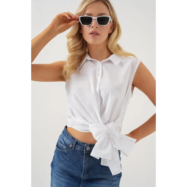 Sıfır Kol Önü Bağlamalı Gömlek 20340 - Beyaz