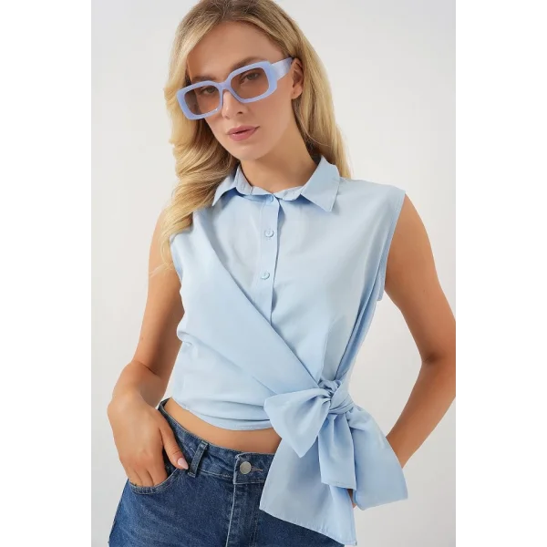 Sıfır Kol Önü Bağlamalı Gömlek 20340 - Mavi