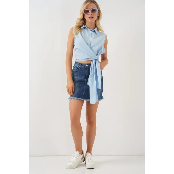 Sıfır Kol Önü Bağlamalı Gömlek 20340 - Mavi