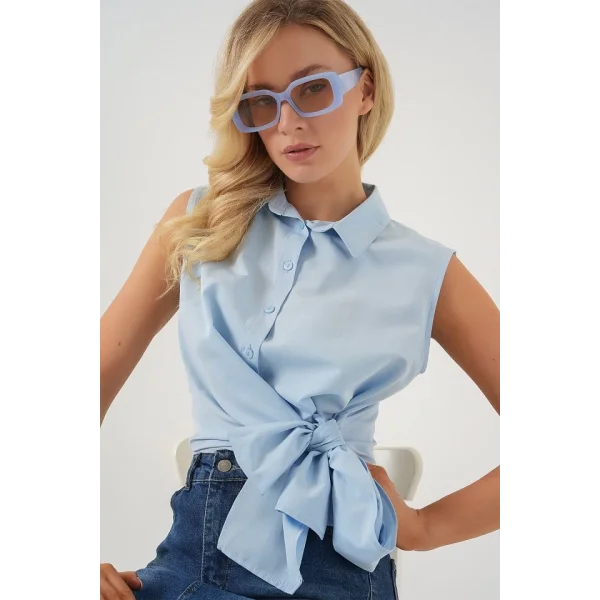 Sıfır Kol Önü Bağlamalı Gömlek 20340 - Mavi