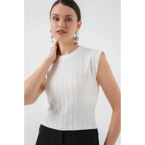 Sıfır Kol Taşlı Bluz 931 - Beyaz