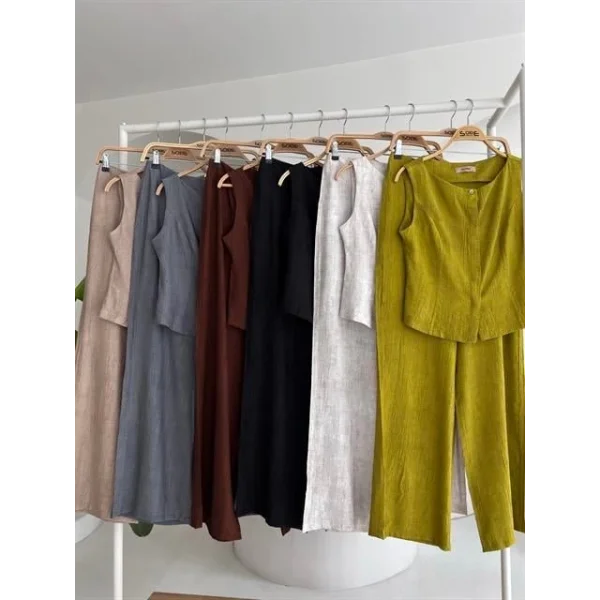 Sıfır Kollu Bluz Batik Desenli Pantolon İkili Takım 10181-08