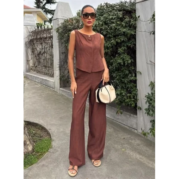 Sıfır Kollu Bluz Batik Desenli Pantolon İkili Takım 10181-08