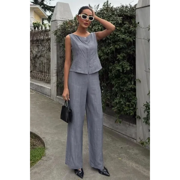 Sıfır Kollu Bluz Batik Desenli Pantolon İkili Takım 10181-08