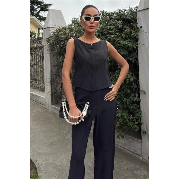 Sıfır Kollu Bluz Batik Desenli Pantolon İkili Takım 10181-08