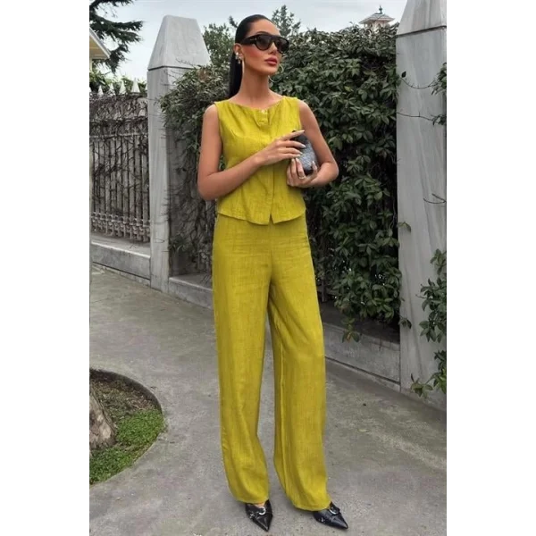 Sıfır Kollu Bluz Batik Desenli Pantolon İkili Takım 10181-08