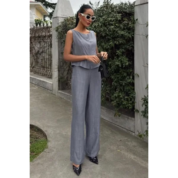 Sıfır Kollu Bluz Batik Desenli Pantolon İkili Takım 10181-08