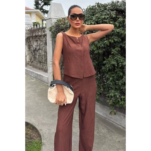 Sıfır Kollu Bluz Batik Desenli Pantolon İkili Takım 10181-08