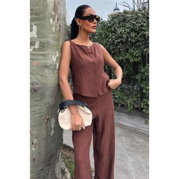 Sıfır Kollu Bluz Batik Desenli Pantolon İkili Takım 10181-08