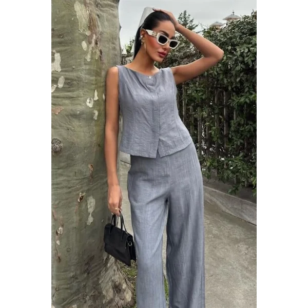 Sıfır Kollu Bluz Batik Desenli Pantolon İkili Takım 10181-08