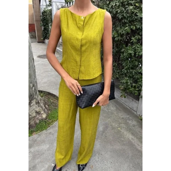 Sıfır Kollu Bluz Batik Desenli Pantolon İkili Takım 10181-08