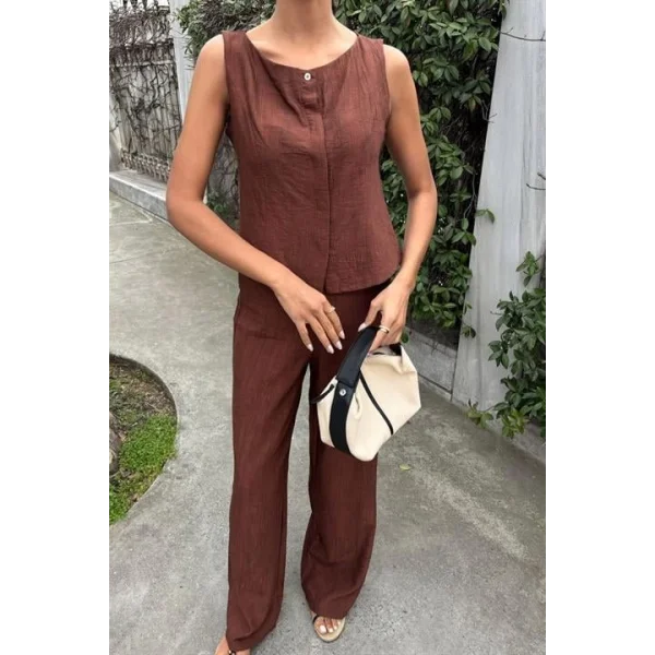 Sıfır Kollu Bluz Batik Desenli Pantolon İkili Takım 10181-08