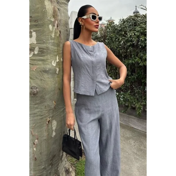 Sıfır Kollu Bluz Batik Desenli Pantolon İkili Takım 10181-08