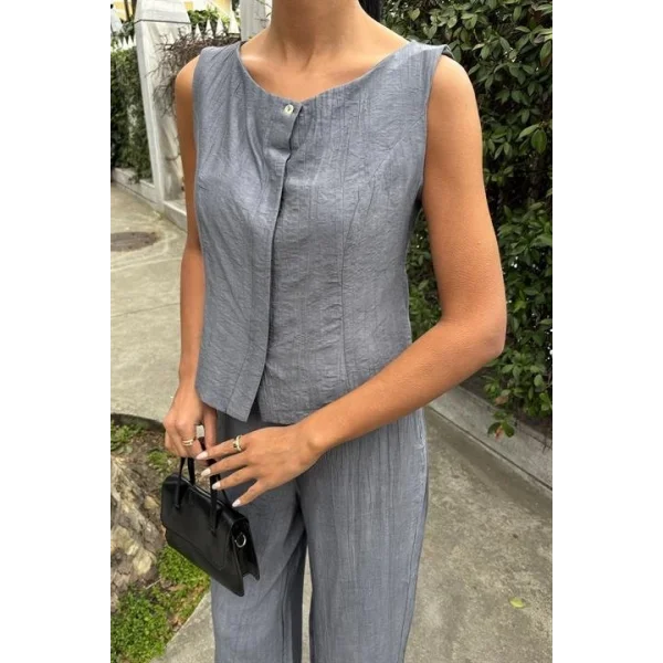 Sıfır Kollu Bluz Batik Desenli Pantolon İkili Takım 10181-08