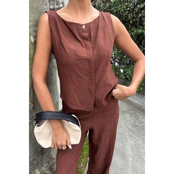 Sıfır Kollu Bluz Batik Desenli Pantolon İkili Takım 10181-08