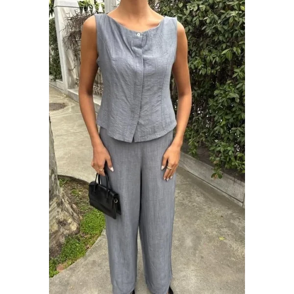 Sıfır Kollu Bluz Batik Desenli Pantolon İkili Takım 10181-08