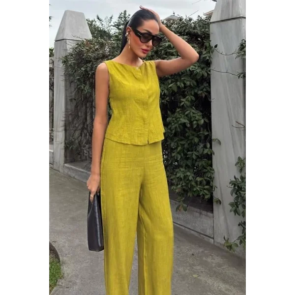 Sıfır Kollu Bluz Batik Desenli Pantolon İkili Takım 10181-08