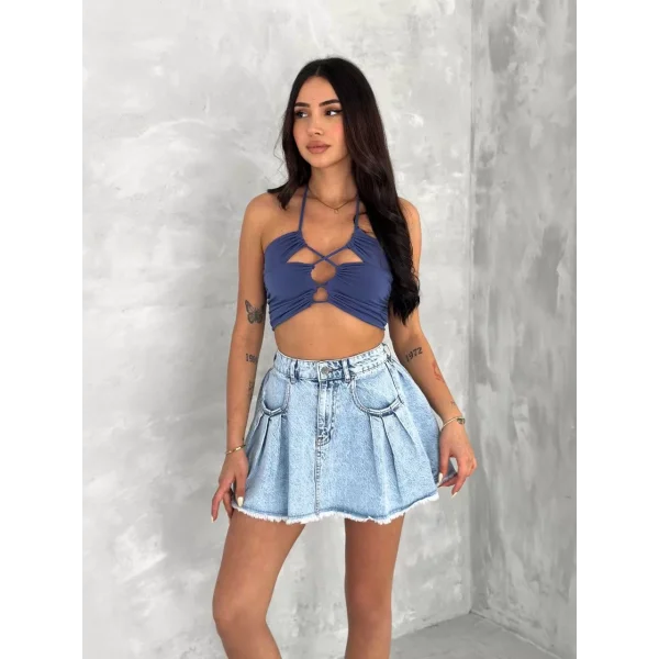 Şık Pileli Yazlık Mini Etekli Kot- Açık Mavi