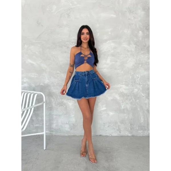 Şık Pileli Yazlık Mini Etekli Kot- Saks Mavisi