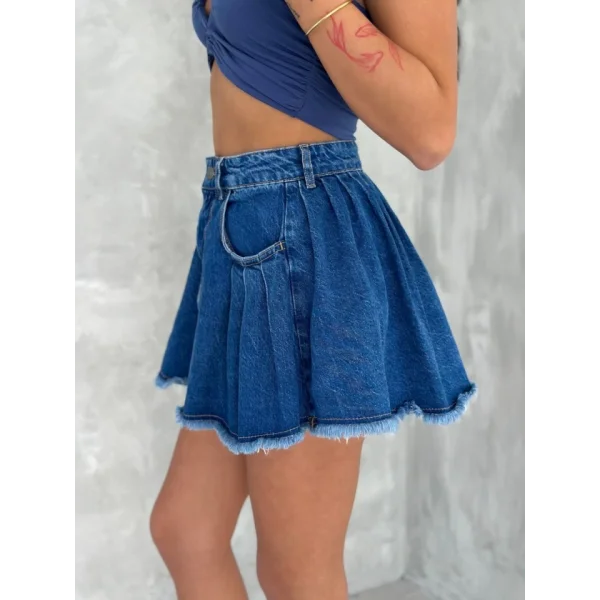 Şık Pileli Yazlık Mini Etekli Kot- Saks Mavisi