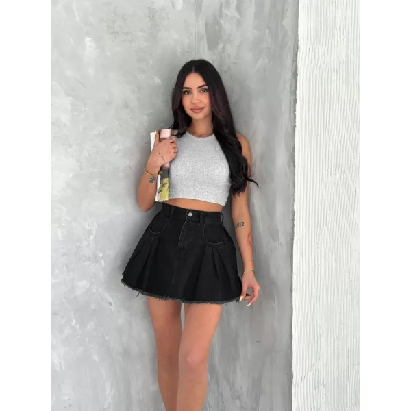 Şık Pileli Yazlık Mini Etekli Kot- Siyah