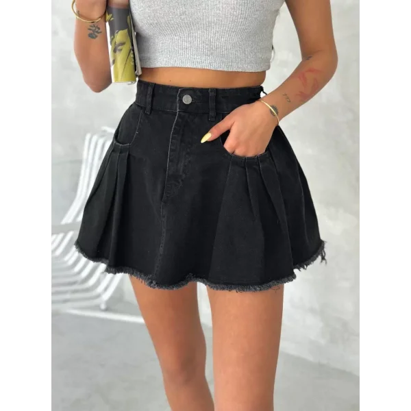 Şık Pileli Yazlık Mini Etekli Kot- Siyah