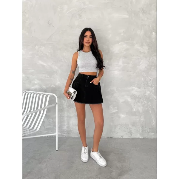 Şık Pileli Yazlık Mini Etekli Kot- Siyah