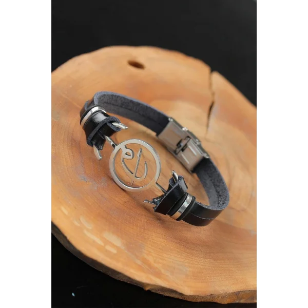 Silver Renk Elif Vav Çelik Aksesuarlı Siyah Renk Deri Erkek Bileklik