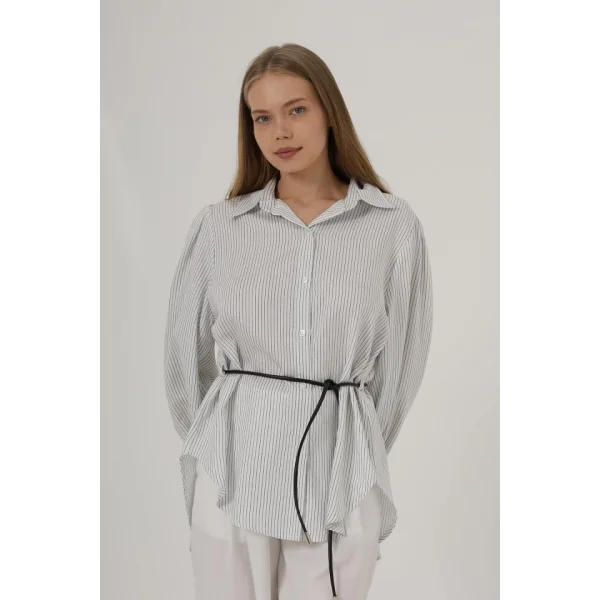 Simli Çizgili Kemerli Gömlek - Beyaz