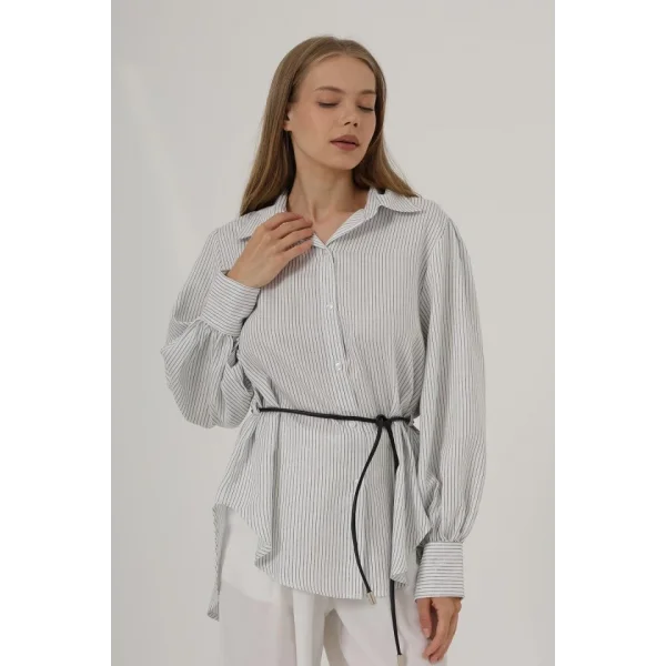 Simli Çizgili Kemerli Gömlek - Beyaz