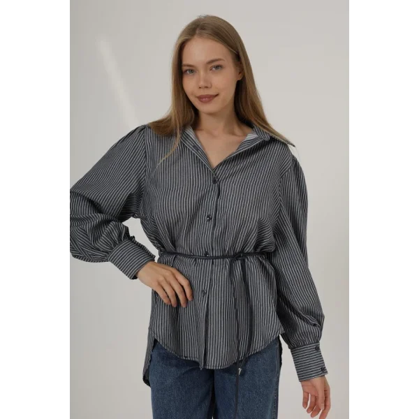 Simli Çizgili Kemerli Gömlek - Lacivert
