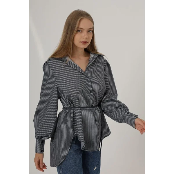 Simli Çizgili Kemerli Gömlek - Lacivert