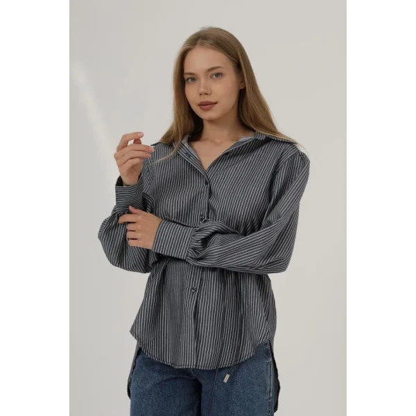 Simli Çizgili Kemerli Gömlek - Lacivert