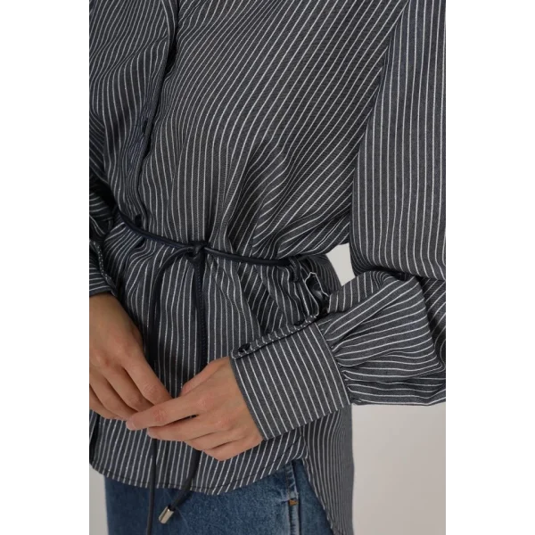 Simli Çizgili Kemerli Gömlek - Lacivert