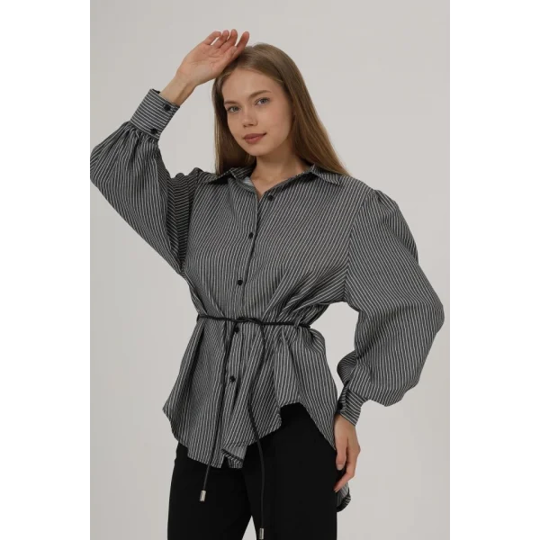Simli Çizgili Kemerli Gömlek - Siyah