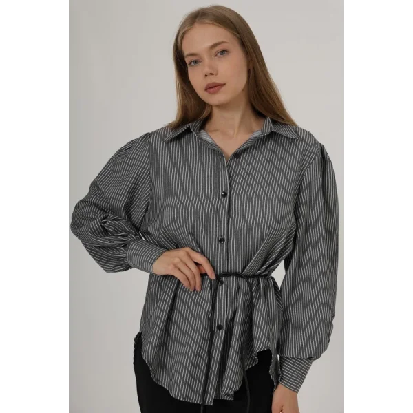 Simli Çizgili Kemerli Gömlek - Siyah