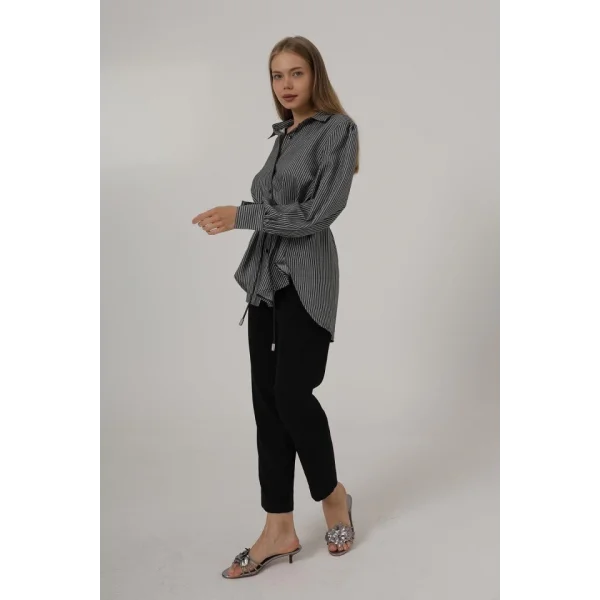 Simli Çizgili Kemerli Gömlek - Siyah