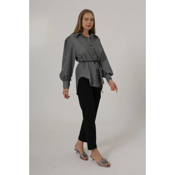 Simli Çizgili Kemerli Gömlek - Siyah