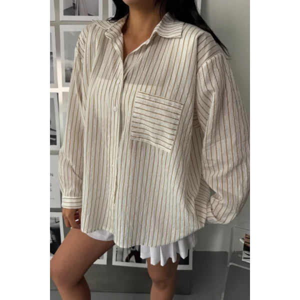 SİMLİ ÇİZGİLİ VUAL GÖMLEK - Bej
