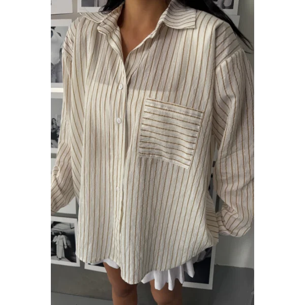 SİMLİ ÇİZGİLİ VUAL GÖMLEK - Bej