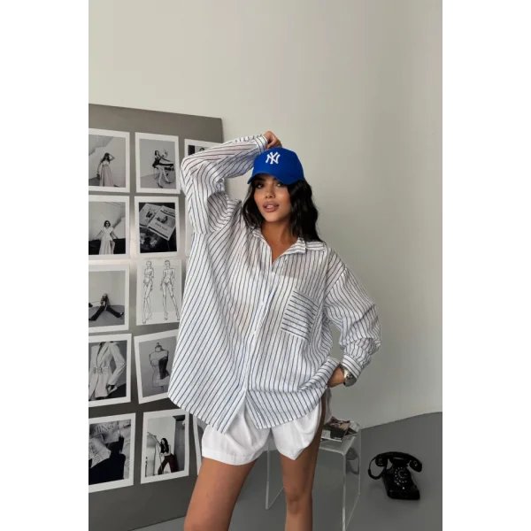 SİMLİ ÇİZGİLİ VUAL GÖMLEK - Mavi