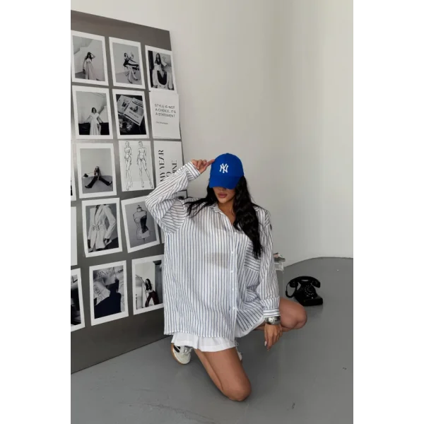 SİMLİ ÇİZGİLİ VUAL GÖMLEK - Mavi