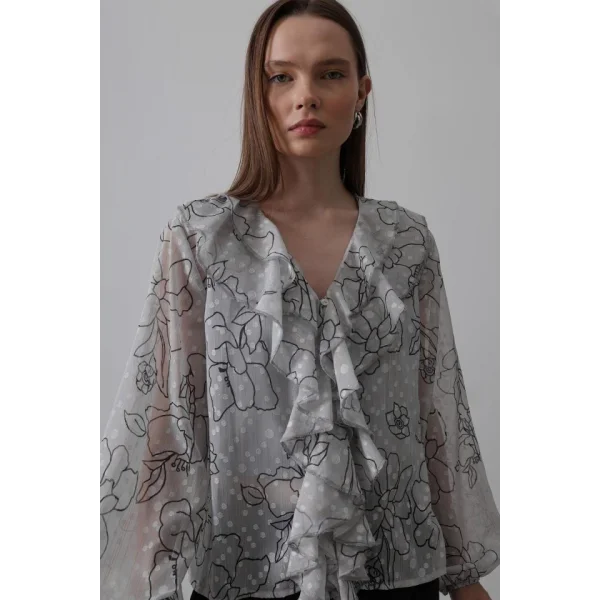 Simli Fırfırlı Gömlek - Gri