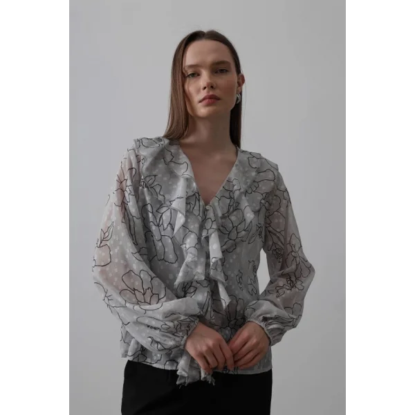 Simli Fırfırlı Gömlek - Gri