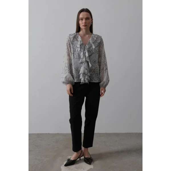 Simli Fırfırlı Gömlek - Gri