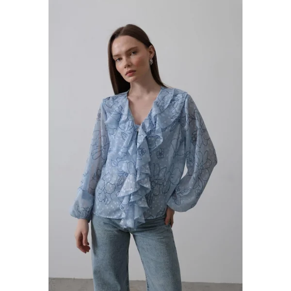 Simli Fırfırlı Gömlek - Mavi