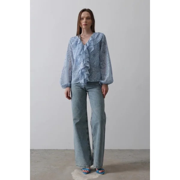 Simli Fırfırlı Gömlek - Mavi