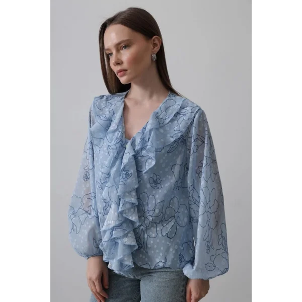 Simli Fırfırlı Gömlek - Mavi