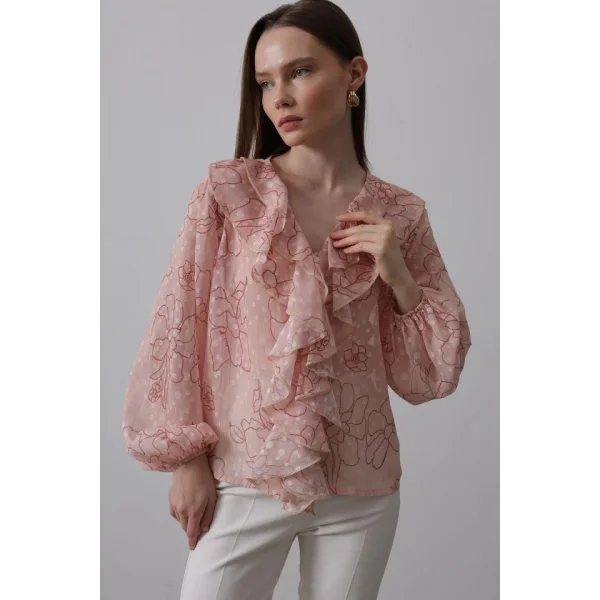 Simli Fırfırlı Gömlek - Somon