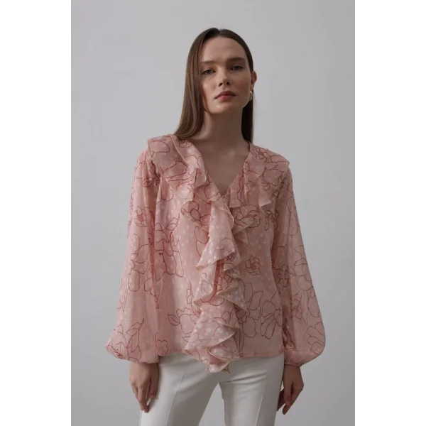 Simli Fırfırlı Gömlek - Somon